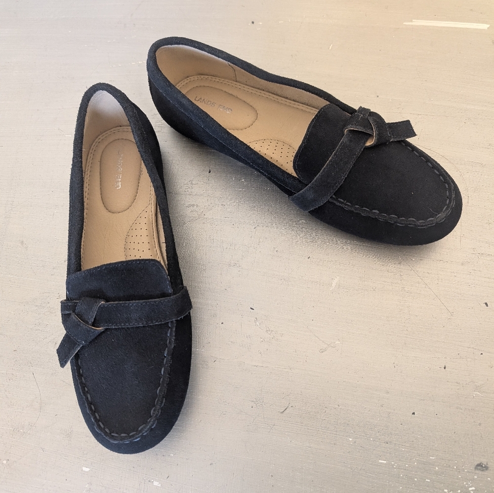 Lands End Navy Blue Suede Leather Slip On Loafer with Knot Accent Size 7 B US